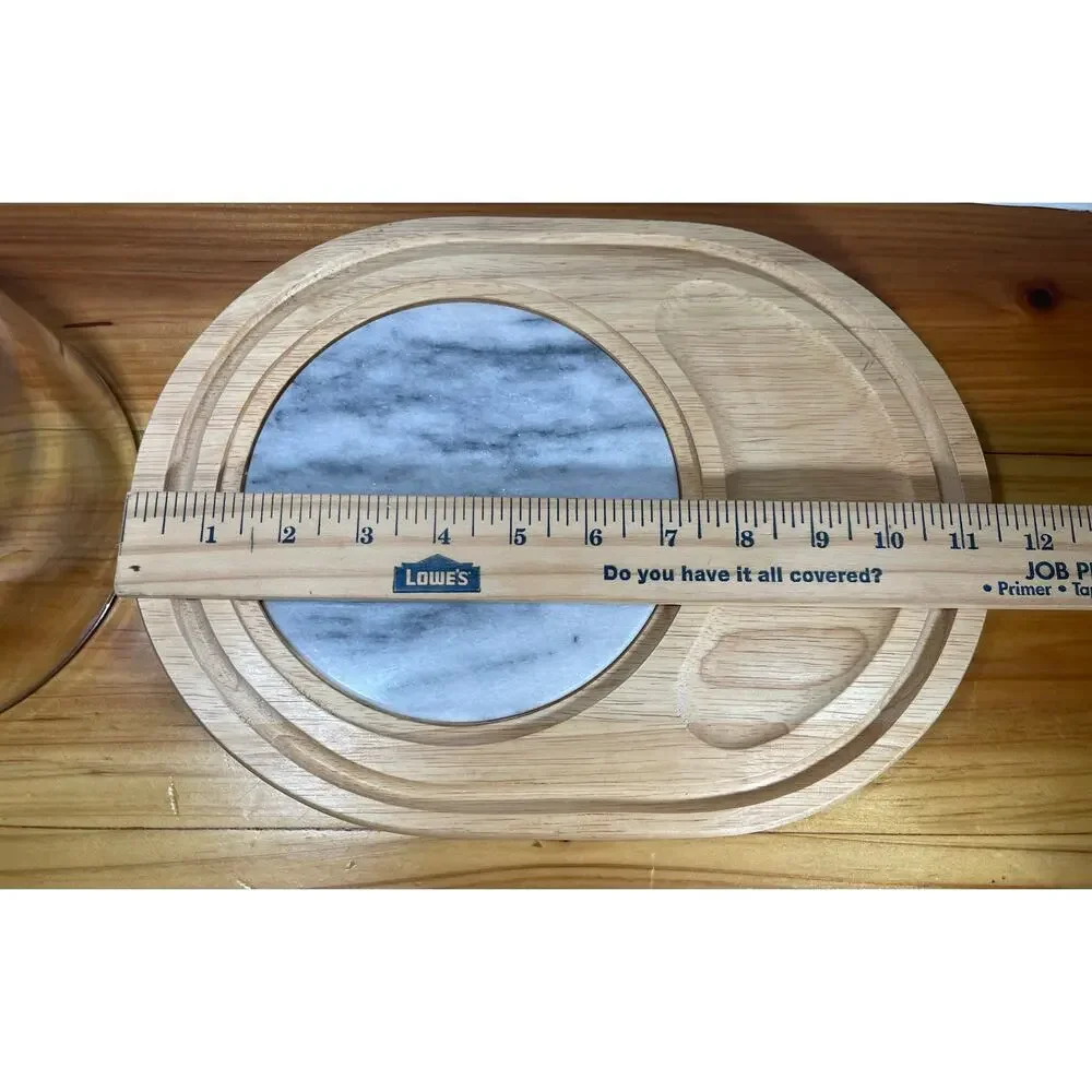 Vintage Teakwood Cheese Server with Glass Dome Marble Center